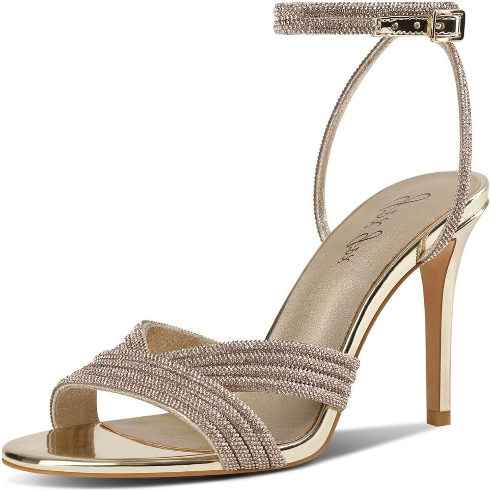 Women's Gold Rhinestone High Heel Sandals Sparkly Stilettos Heeled Strap